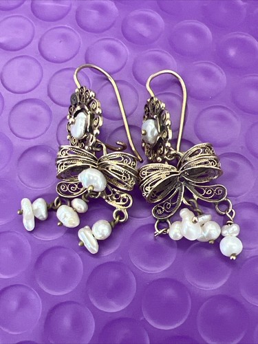 ❤️ 14k Yellow Gold Natural Pearl Dangle Chandelier Earrings (3040) - Bild 6 von 7