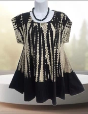 New Boutique Sz S/M Tunic Top Trapeze Short Sleeve 100% Cotton Black Tie-Dye 
