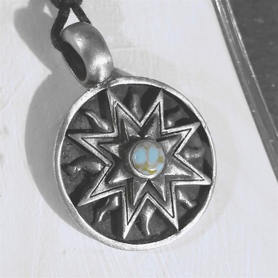 Thailand Antique Silver Arizona Turquoise Aztec Sun Fine Pewter Pendant Necklace