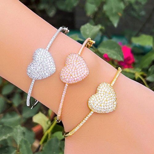 Bling Bling Gold Plated Heart Bangle Cubic Zirconia Women Bride Wedding Bracelet - Picture 12 of 17