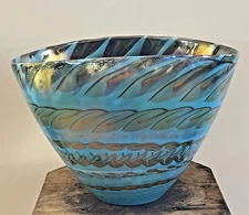 Yalos Murano Art Glass Belus Turquoise Blue Vase Bowl Handmade Iridescent Italy