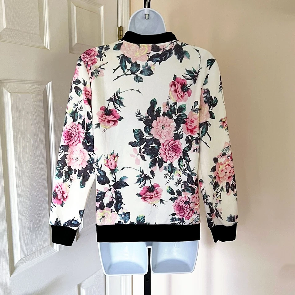 Chaqueta de bombardero ligera con cremallera EQ estampado floral abrigo de béisbol marfil/rosa talla M Foto 3 de 4