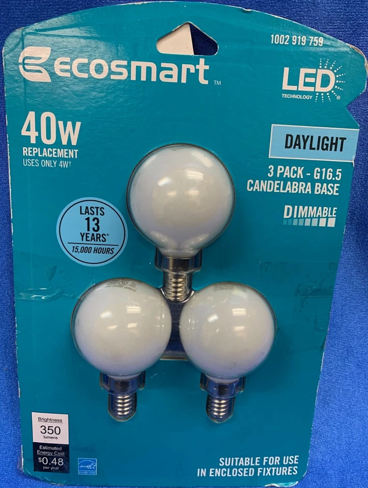 EcoSmart 40 Watt LED Daylight Candelabra Base Dimmable 3Pack 1002919759 - Image 2 of 2