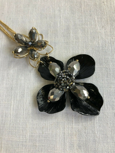 Extra Long Double Chain Necklace Double Floral Pendant Vintage Adjustable - Picture 3 of 6