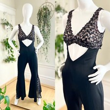 Vintage 1970s Jumpsuit 70s Black Sequin Cutout Bell Bottom Cher Disco Party