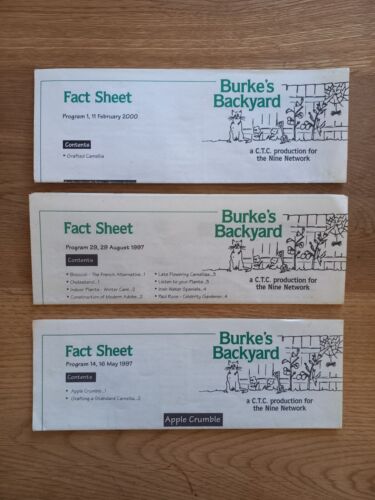 Burke's Backyard Fact Sheets x3 From 1997 & 2000 Includes Apple Crumble Recipe! - Picture 1 of 2