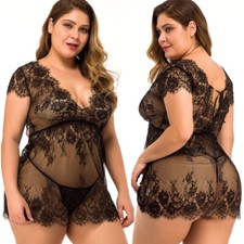 Plus Size Sexy Lingerie Women Eyelash Lace Babydoll Sleepwear Nightgown Dress US