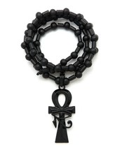 Hip Hop Egyptian Black Ankh Cross Pendant & 30" Wood Beads Wooden Chain Necklace