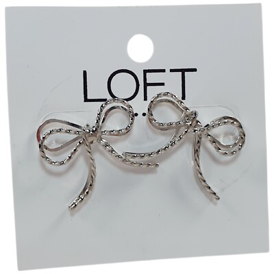 LOFT Silver Tone Twisted Textured Ribbon Bow Stud Earrings Pierced 7/8''