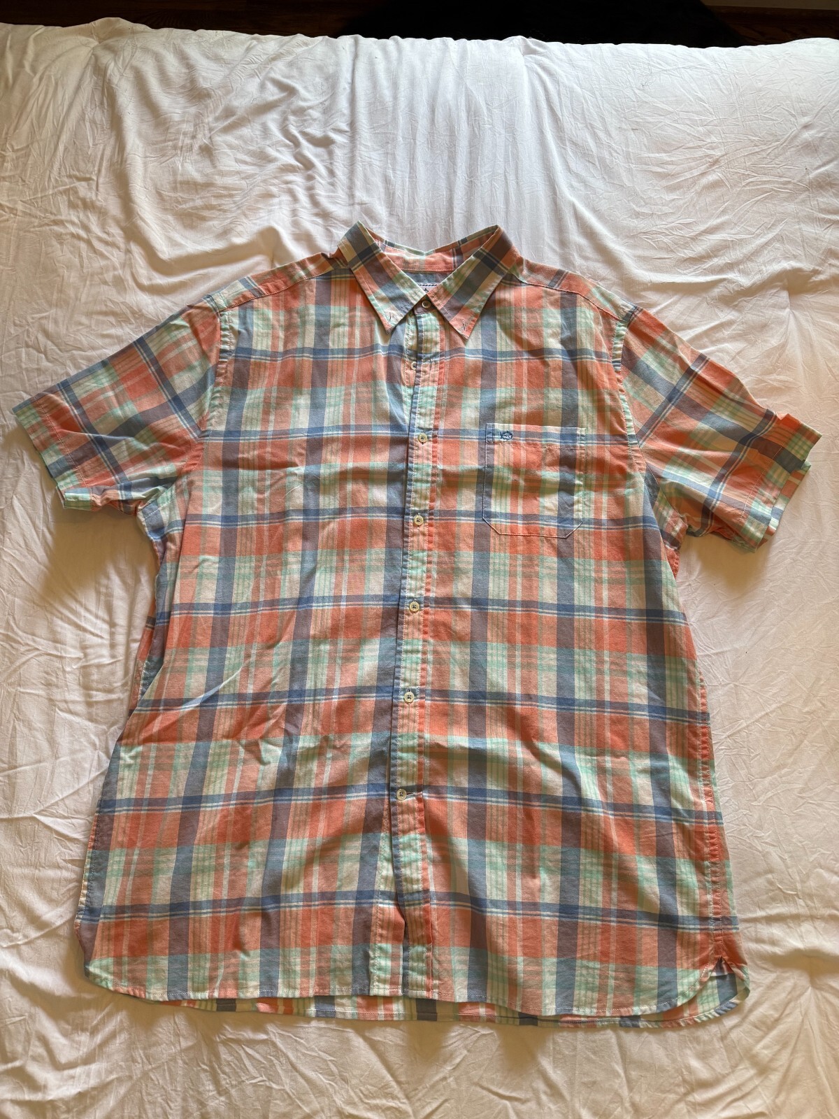 Southern Tide Men's Short Sleeve Button Down Coral & Blue Plaid Large