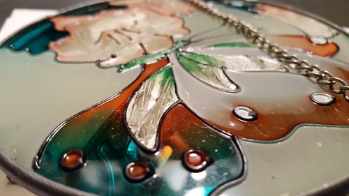 VINTAGE HAND-PAINTED LEADED frame GLASS SUNCATCHER flowers & Butterfly - Bild 4 von 4