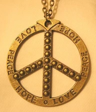 Handsome Large Metal Beaded Hope Love Peace Symbot Brasstone Pendant Necklace