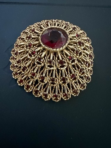 Vintage signierte Capri Brosche rot Kristall Strass goldfarben 2 1/2" - Bild 2 von 14