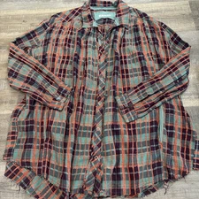 We The Free People Lela Plaid Tunic M Super Oversized Raw Hem Boho Metallic Gree
