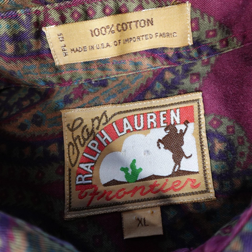 复古 Chaps Ralph Lauren Frontier 衬衫男式 XL 勃艮第佩斯利西部 90 年代 — 第 3/4 张图片