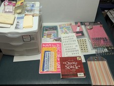 scraobook suppliy lot with storage container,mostly new, ink dried out im sure