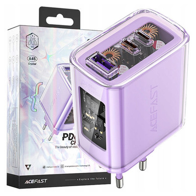 Acefast GaN Ladegerät 65W 3 Anschlüsse (1xUSB, 2xUSB C) Lila (A45)