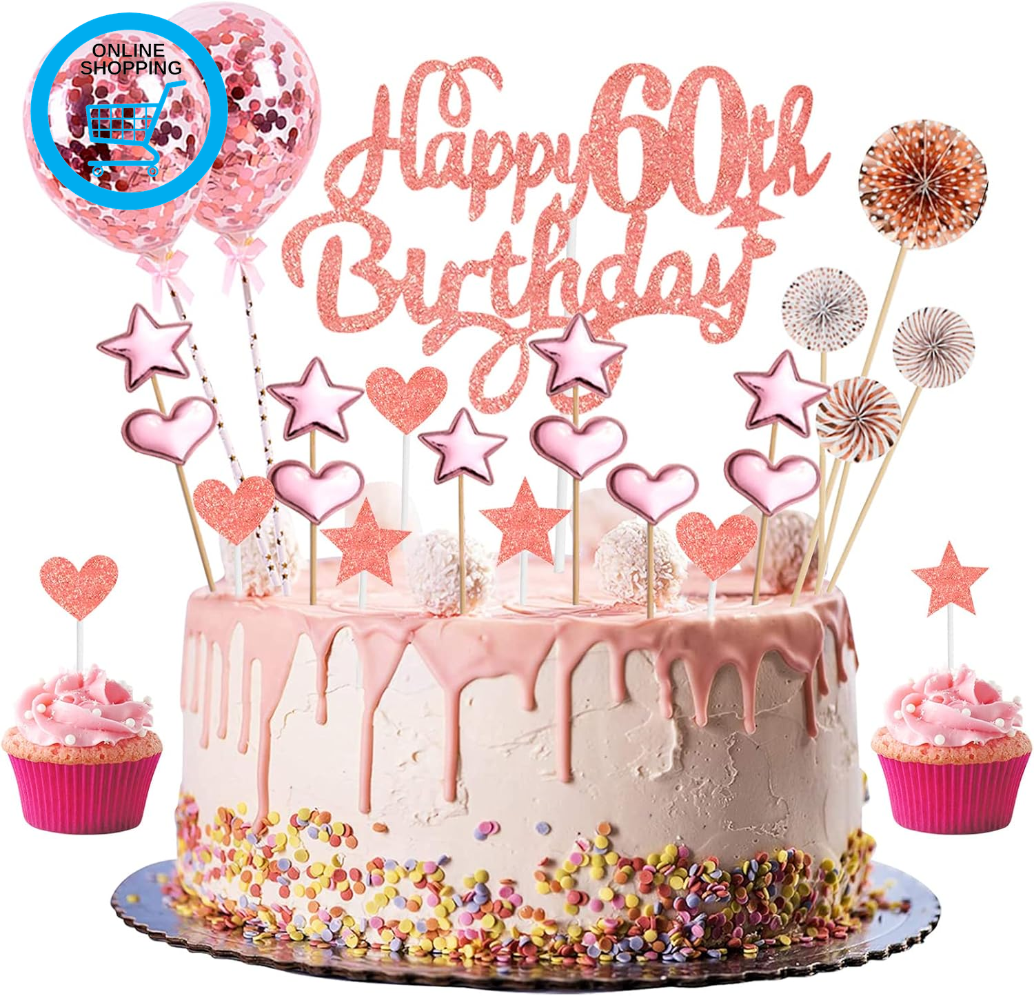 60Th Birthday Cake Topper Rose Gold, Glitter Happy 60Th Birthday Cake Topper Kit