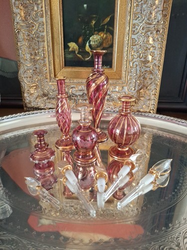 5 Vintage Egyptian Hand Blown Glass 'Perfume' Scent Bottles with Stoppers - Picture 5 of 21