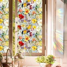 Floral Stained Glass Window Privacy Film, Retro Decorative 17"W x 78.74"L H