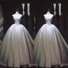 Simple Wedding Dresses Beaded Strapless A Line Satin Sweep Train Bridal Gowns