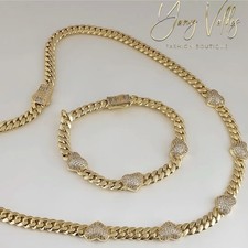 14K Gold Plated Cz Heart Cuban Choker Chain Necklace And Bracelet Set