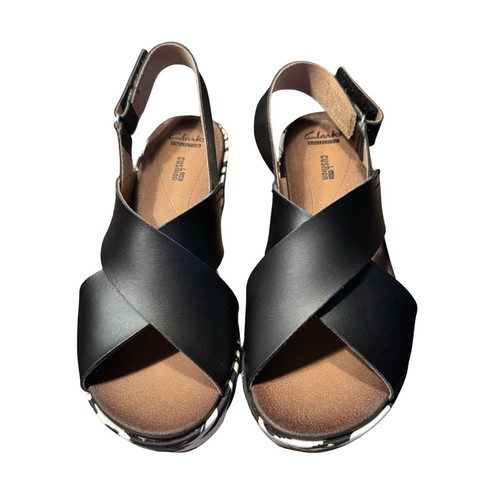 Clarks Stasha Hale Sandals Black Wedge Criss-cross Leather Shoes Womens 8 W - Picture 3 of 9