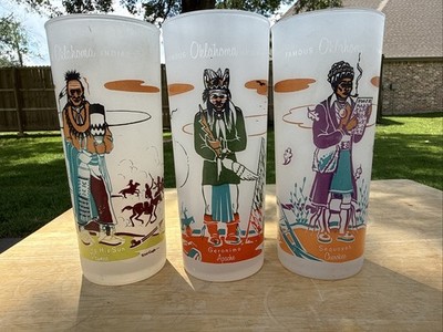 50s Blue Eagle Famous Oklahoma Indians (3) Frosted Glass Knox Oil  Glasses