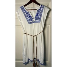 onethelannd White Blue Embroidered Mini Dress Tassel Belt Boho Size L