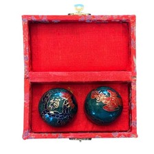 Vintage Chinese Cloisonne Baoding Balls Teal Dragon Phoenix Chime Balls with Box