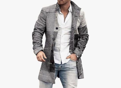 New Bivenant Men's Plaid Trench Coat Wool Vintage Mid Long Jacket Overcoat