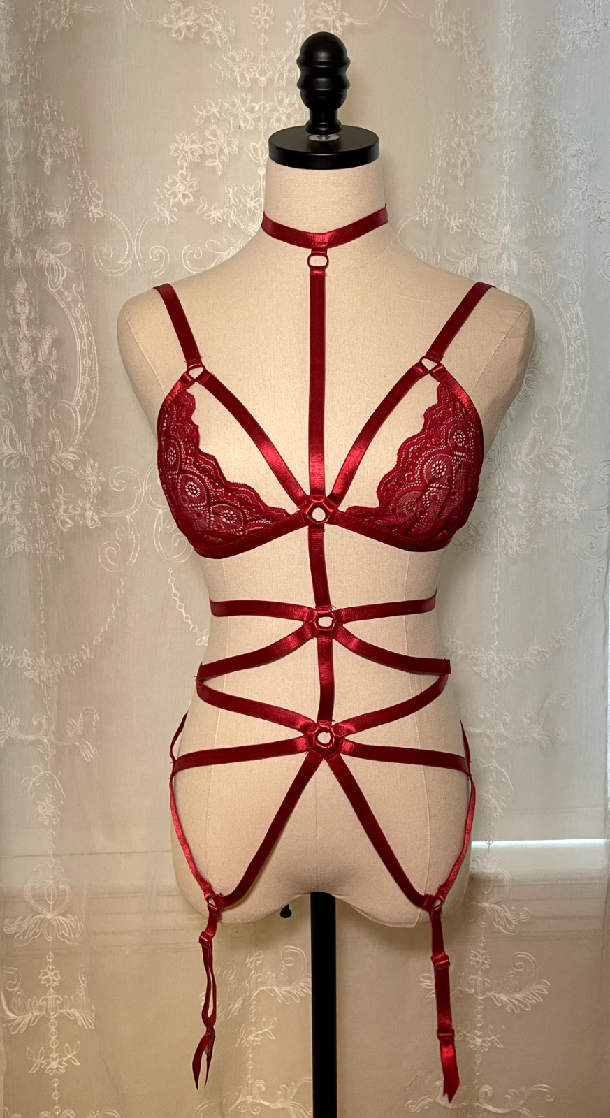 Dreamgirl Lingerie Red Lace Bondage Cage Bra Garter Collar Pin Up Boudoir OS