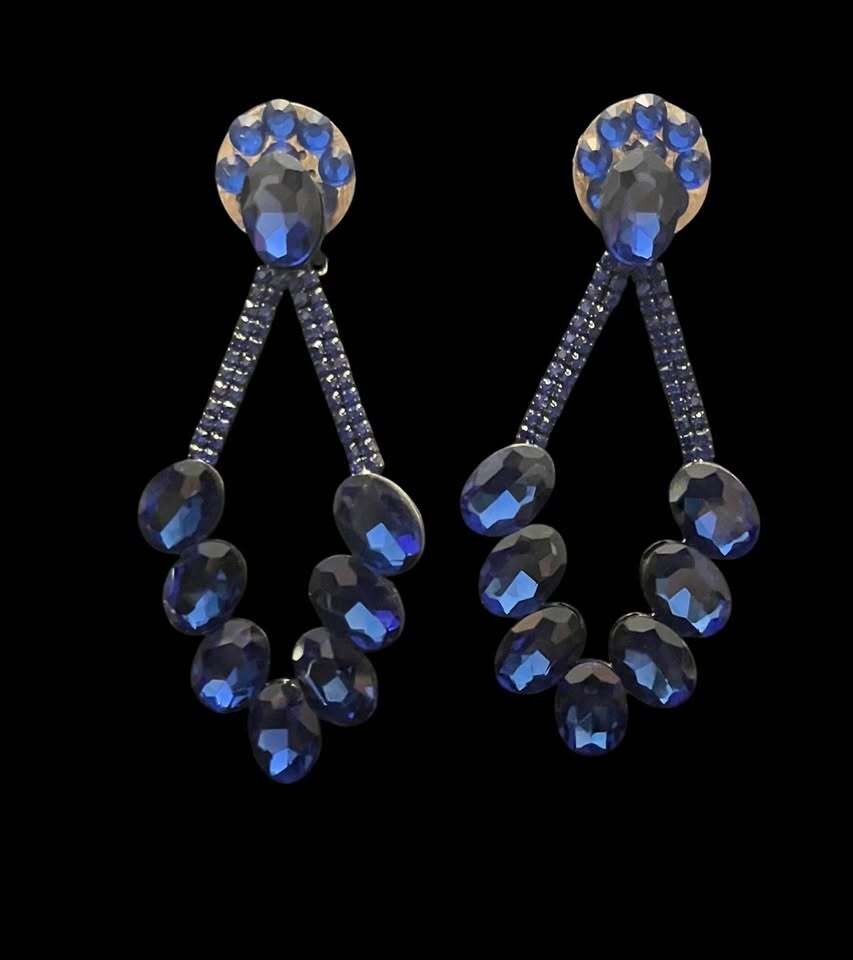 Blue Rhinestone Dangle Clip On Earrings