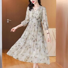 Women Boho Spring V-neck Lantern Sleeves Dres Floral Printed Chiffon Dress Skirt
