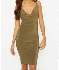 L2317 WOMEN'S  BODYCON COWL NECK CROSS OVER BACK KHAKI DRESS SIZE 8 UK