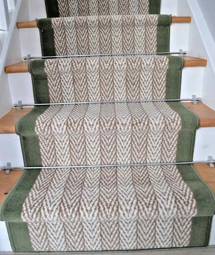 Green Herringbone Stair Rug Very Long Runner For Stairways Halls