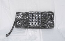 STEVE MADDEN CLUTCH, Silver Metallic Wristlet Pyramid Studs Reptile Print 11"L