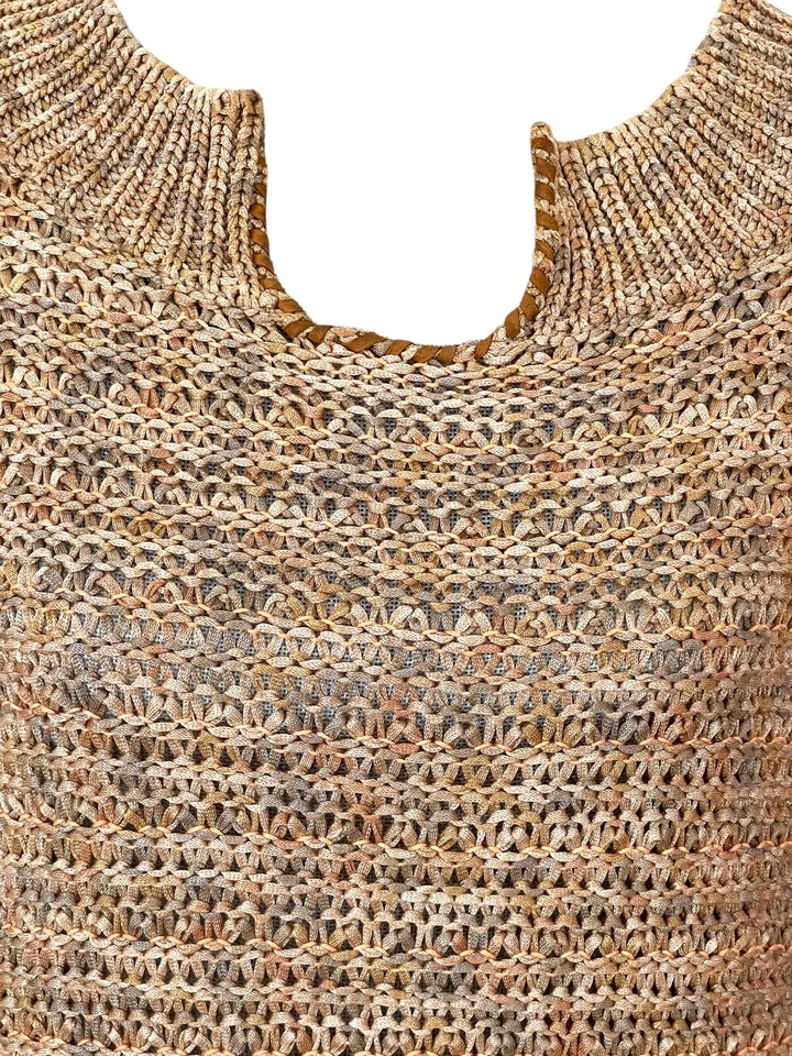 Suéter de Hombro Vintage Nina Ricci Punto Abierto Manga Corta Cuero Borde, Talla 2 Foto 2 de 4