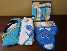NWT Disney Baby Einstein hooded towels washcloths set boy lot whales octopus New