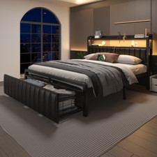 Queen/Full Size Bed Frame with 2-Tier Storage Headboard and Storage Drawers