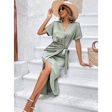 Shein Wrap Tie Side Satin Midi Dress Mint Green Collared Short Sleeve Size M