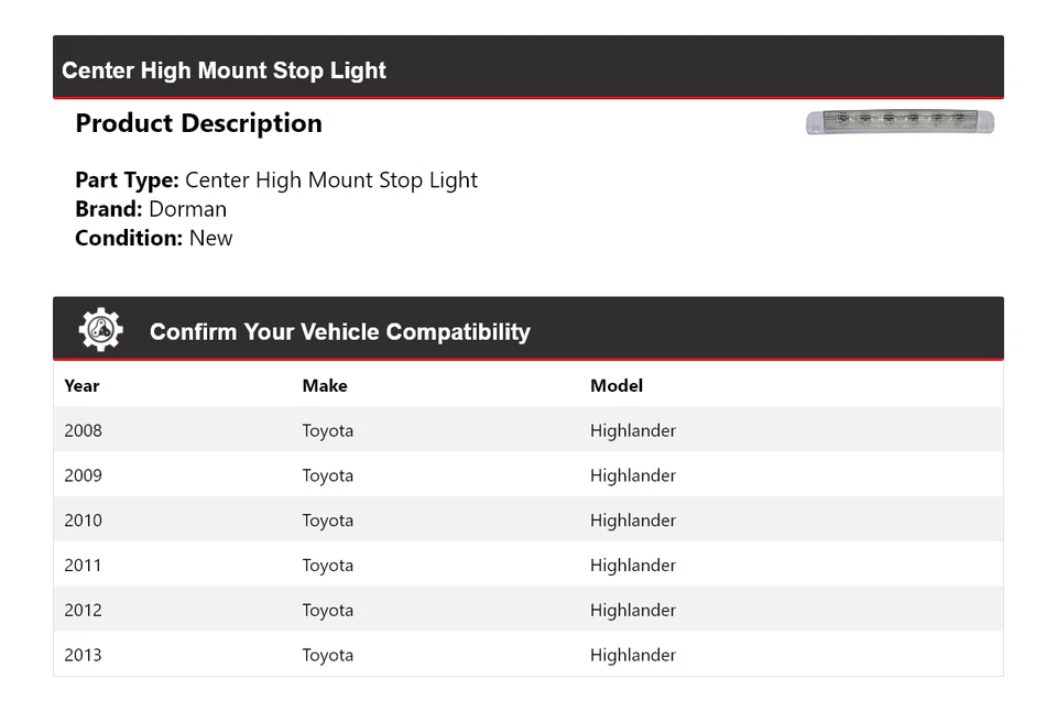 适用于 2008 - 2013 年丰田 Highlander Dorman Center 高安装停车灯 2009 2010 — 第 2/4 张图片