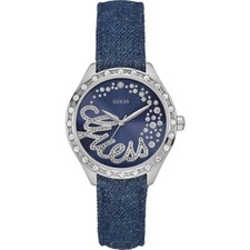 Guess Gem-Set Blue Dial Leather Denim Strap Steel 36mm Women's Watch W0023L5