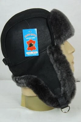 Noir Peau de Mouton Véritable Cuir Chasse Hiver Ouchanka Chapeau Trappeur S-3XL - Photo 1/4