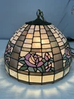 Vintage Tiffany Stained Glass Hanging Swag Lamp Floral  16" dia 11" tall