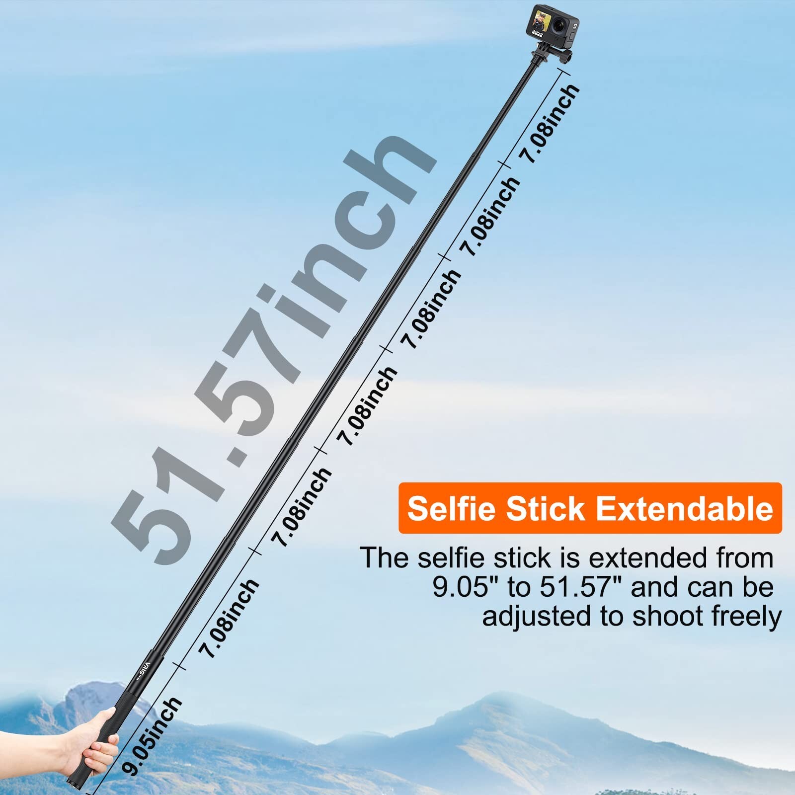 VRIG TP-13,131cm(51inch) Extension Selfie Stick for INSTA360 for GoPro 11 10 ...