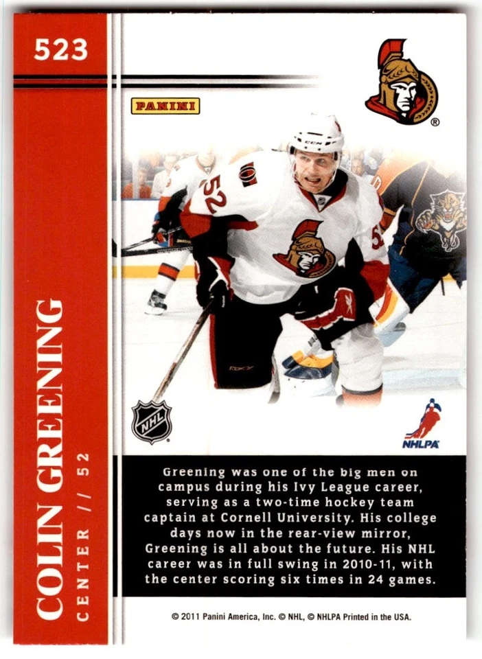 2011-12 Score Colin Greening Rookie #523 Ottawa Senators - Image 2 of 2