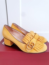 Gucci Women GG Yellow Fringed Suede Mid Heel Court Shoes UK 4.5 EU 37.5 US 7.5
