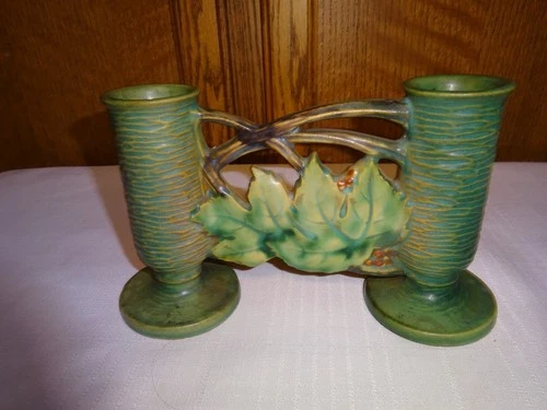 Vintage  green roseville pottery  Bushberry Double Bud Vase USA