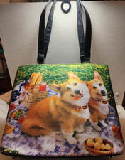 Dog Print Tote Bag, Multicolor, Black Handles, Metal Feet, Women's Casual